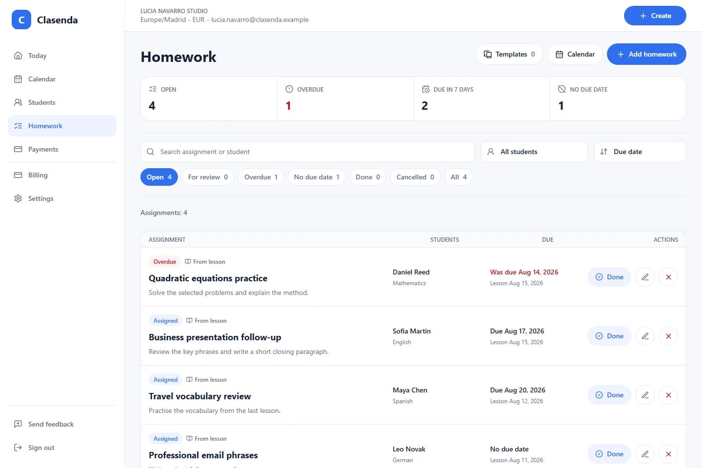 Clasenda Homework workspace showing open, overdue and upcoming assignments