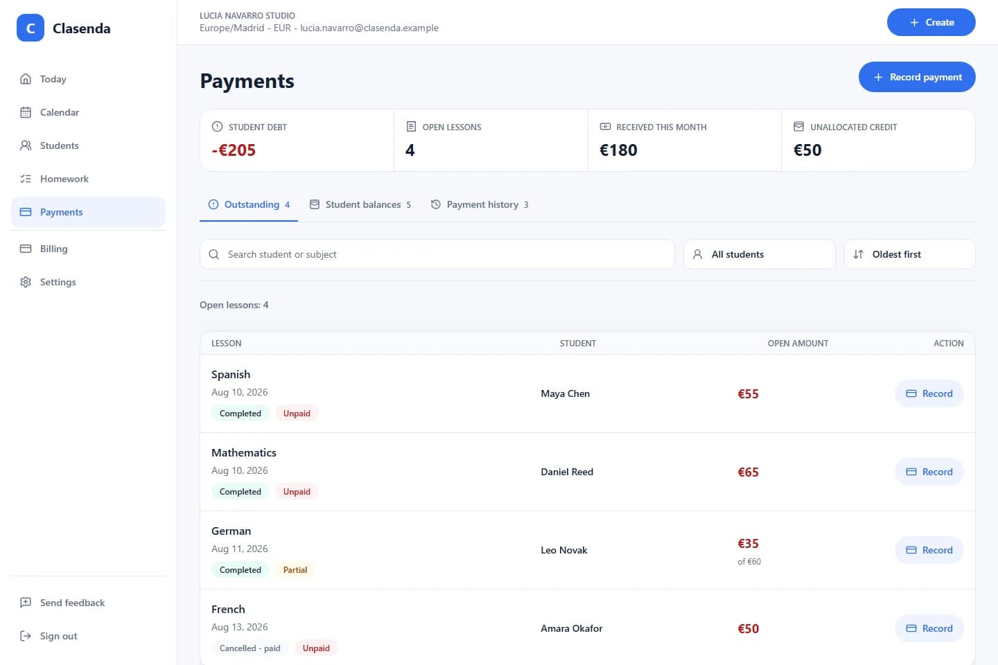 Clasenda Payments workspace showing balances, payment history and open lesson charges