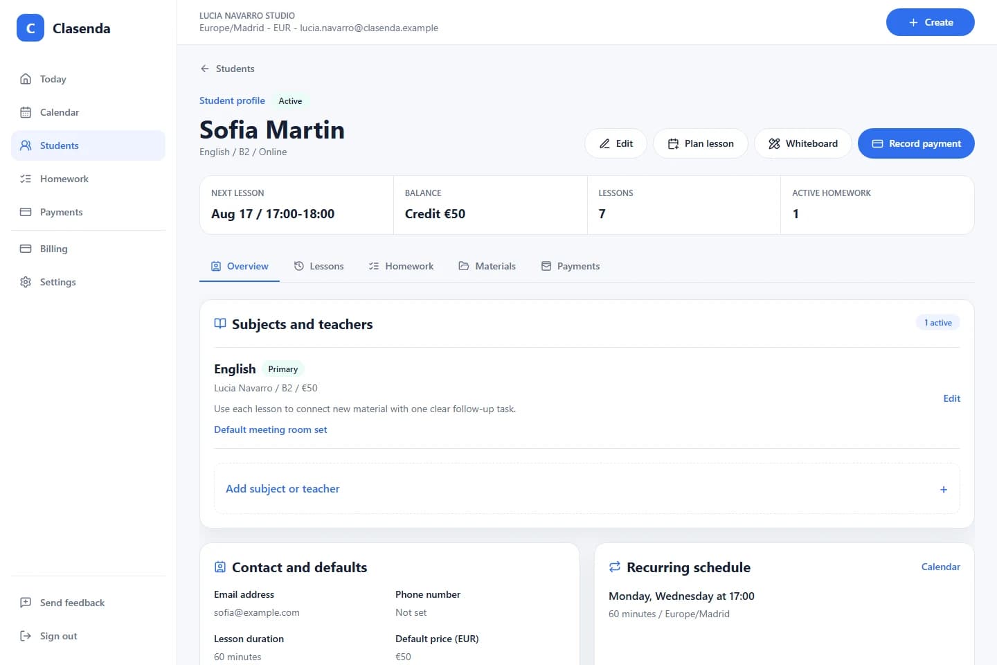Clasenda student profile with subject, tutor, schedule and learning defaults