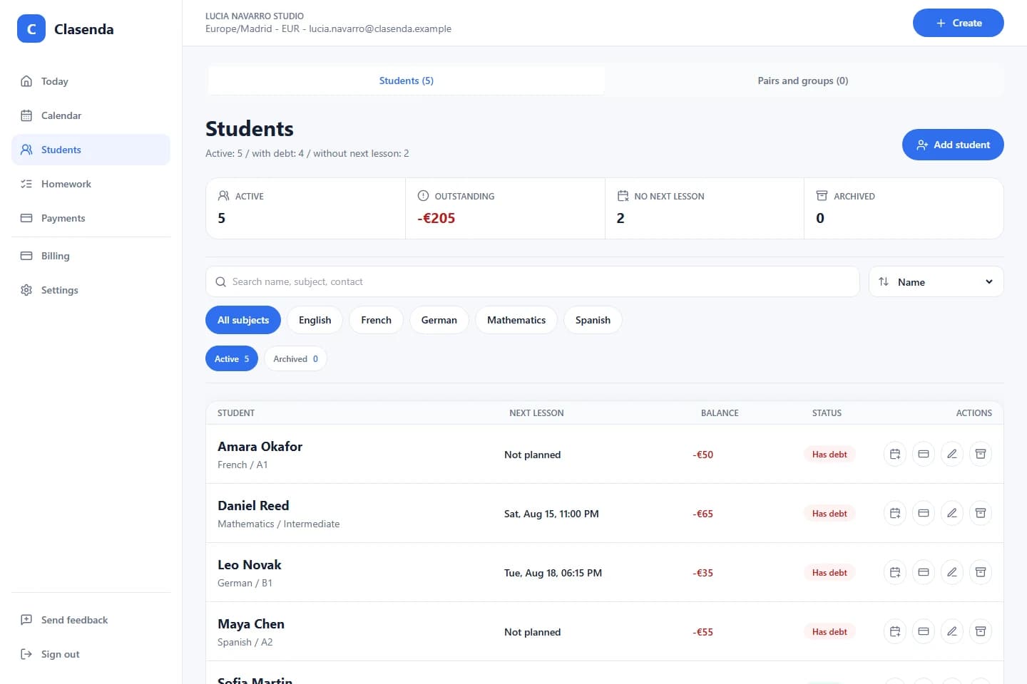Clasenda Students workspace with subject filters, balances and next lessons