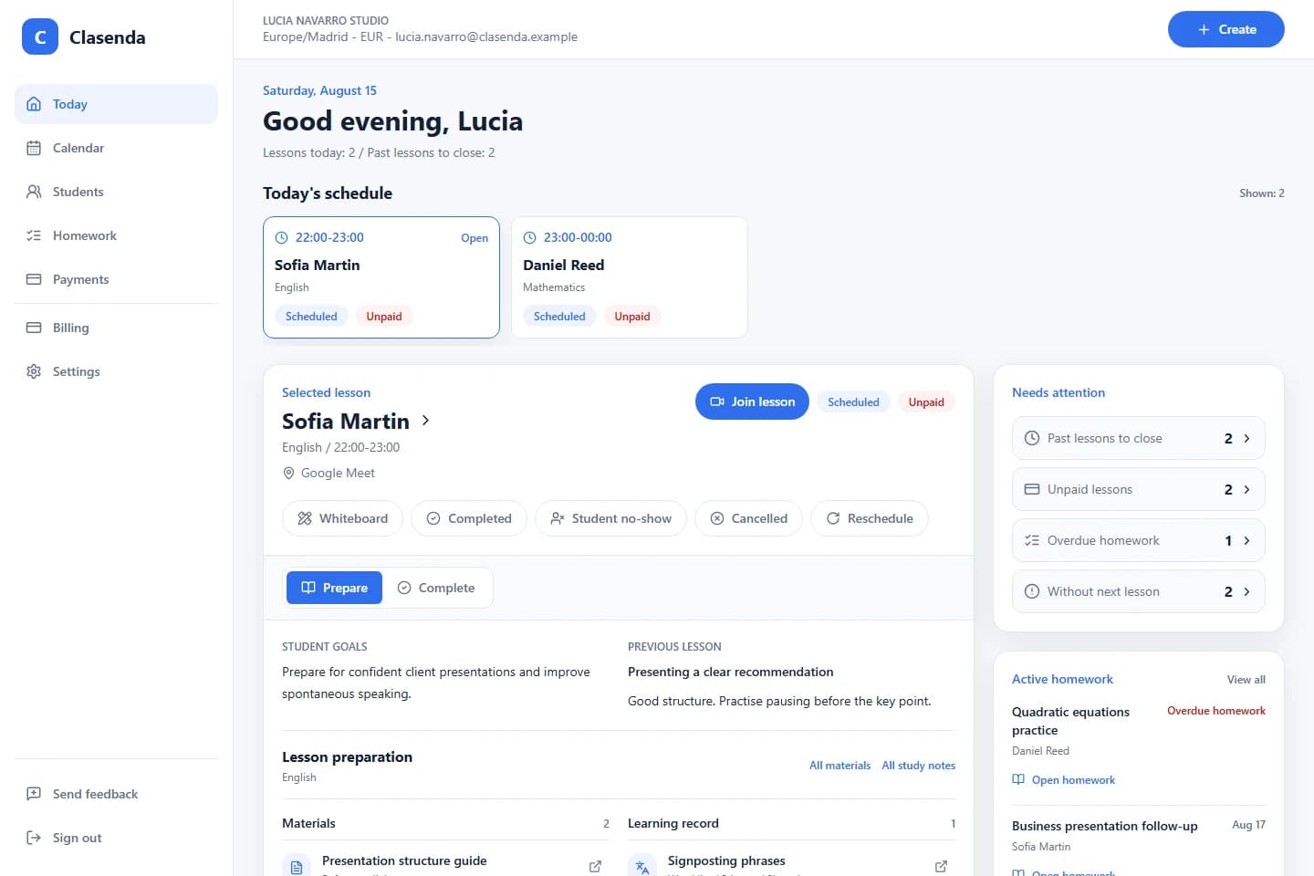 Clasenda Today workspace with lessons, homework and payment attention